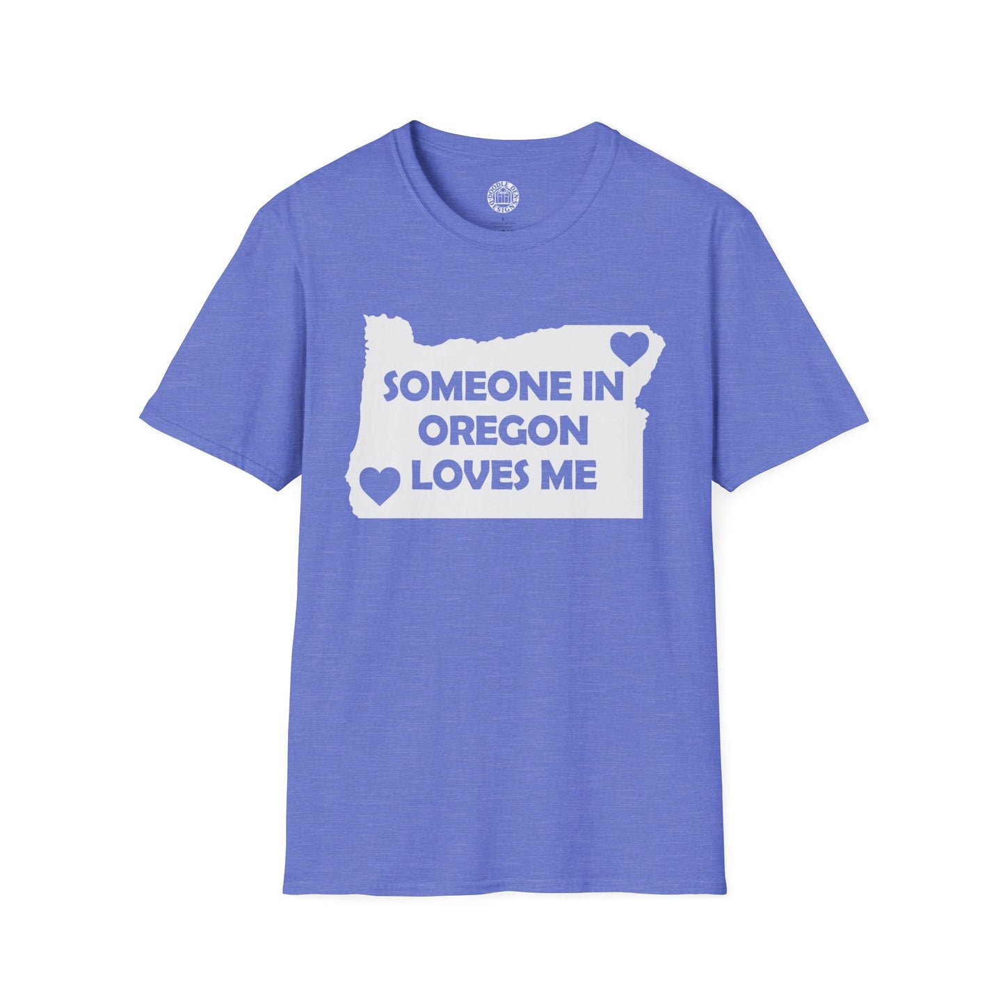 Blue t-shirt with 'Someone in Oregon loves me' design on a white background