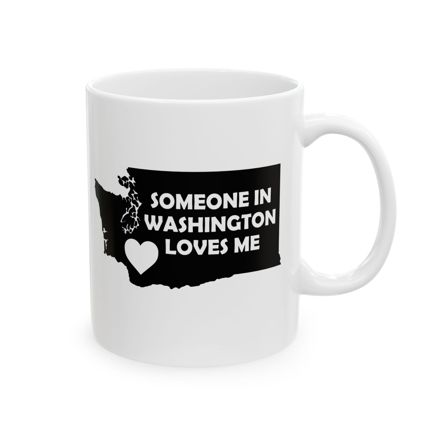 White mug with a black graphic of Washington state and text 'Someone in Washington loves me' on a white background