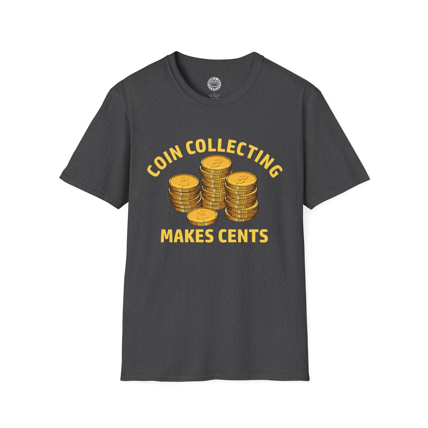 Gray t-shirt with gold coins and text on a white background for Numismatist coin collector