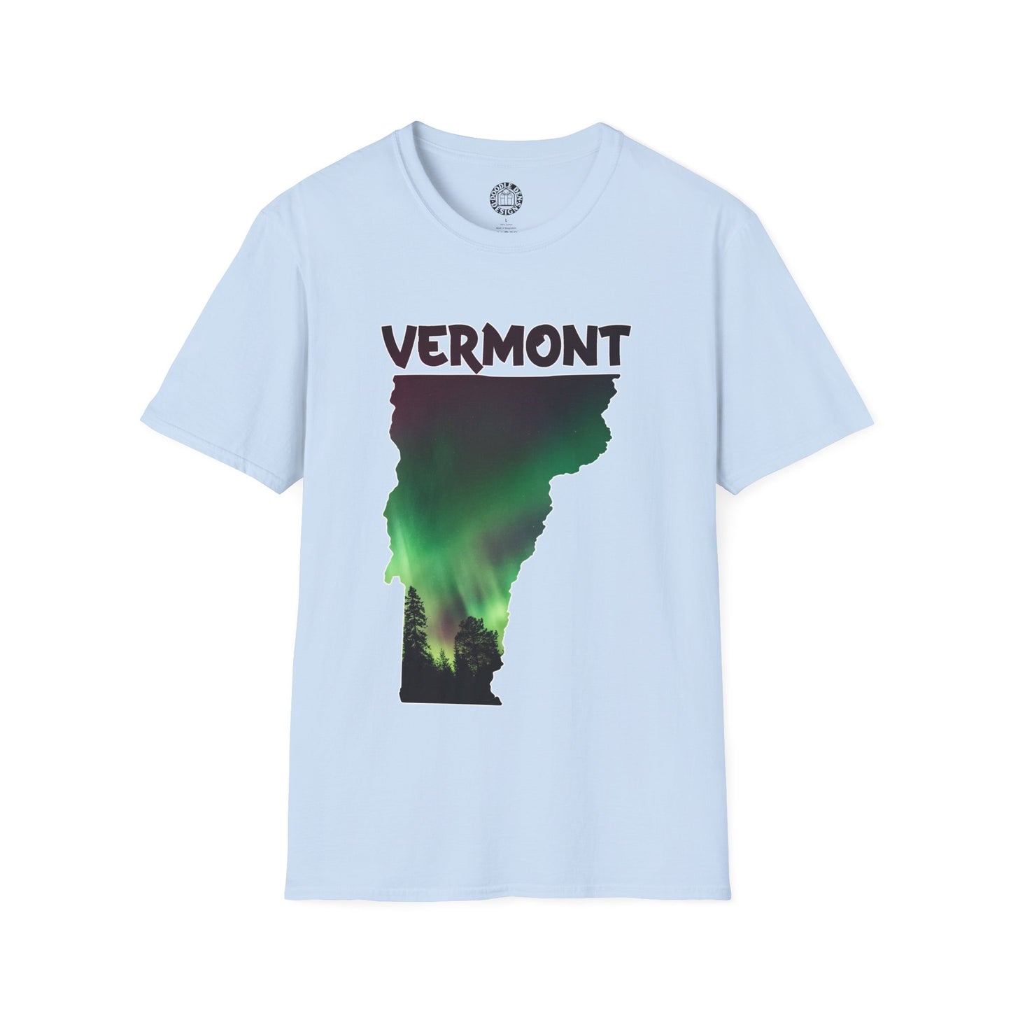 Light blue t-shirt with Vermont graphic and text on a white background