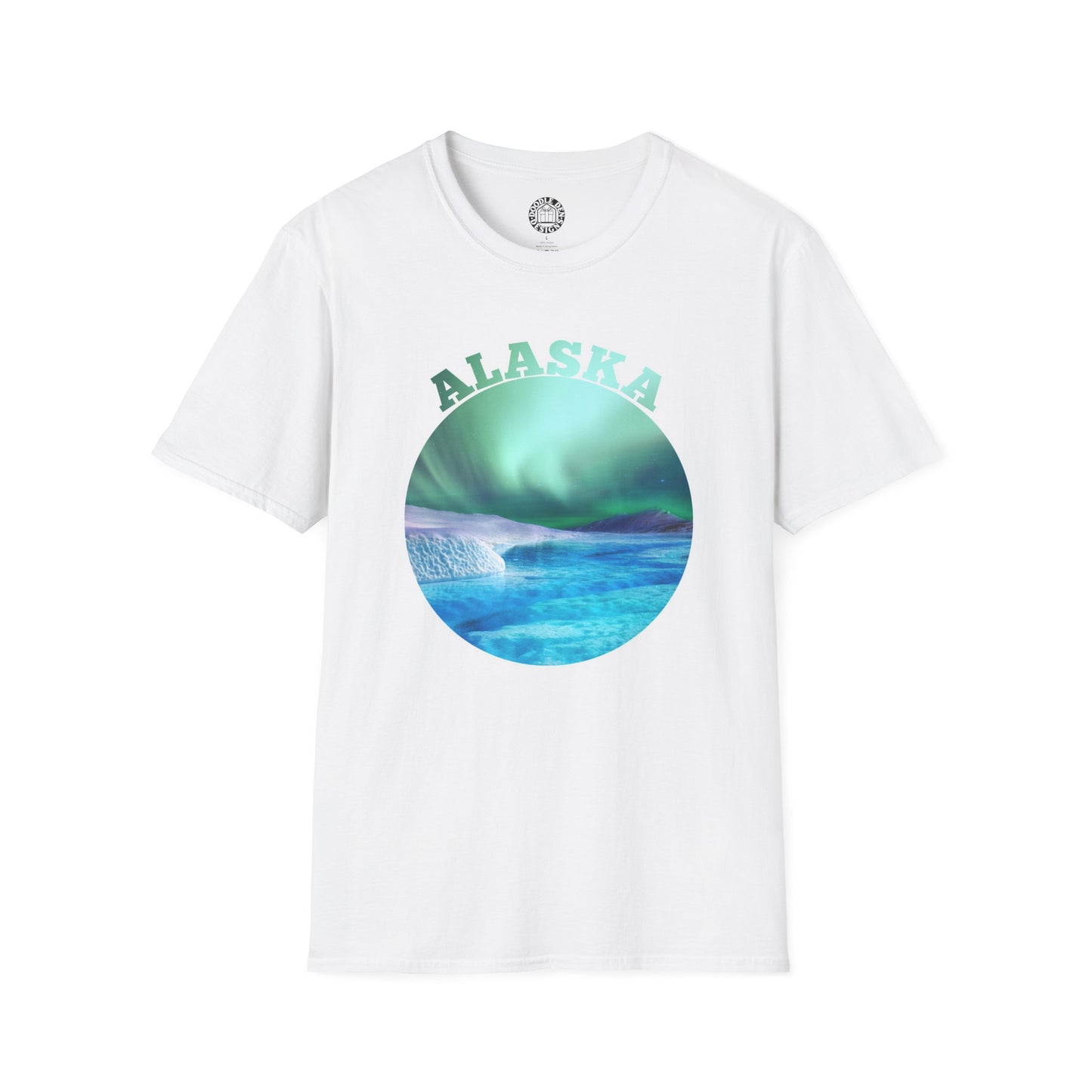 White t-shirt with 'Alaska' graphic design on a white background northern lights aurora borealis