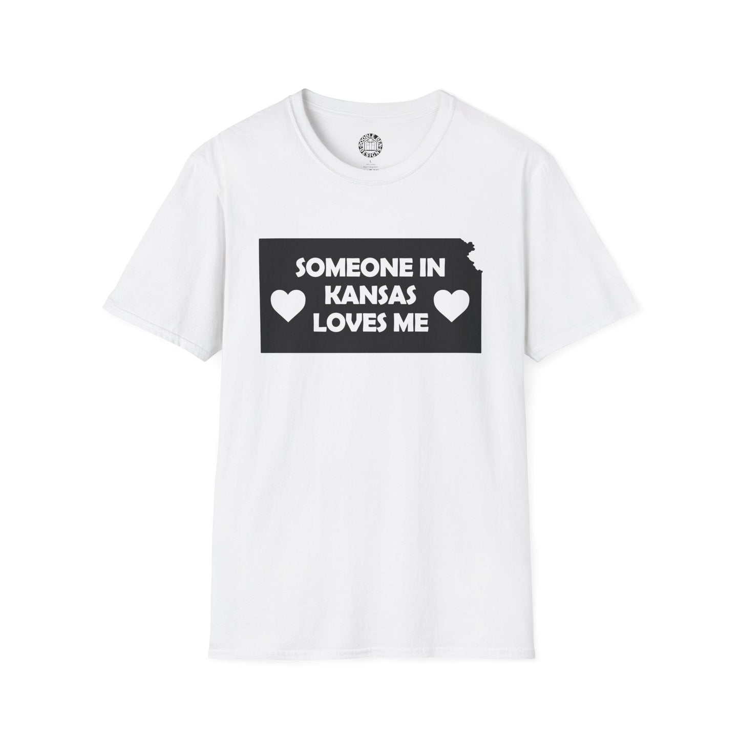 White t-shirt with 'Someone in Kansas loves me' text on a white background