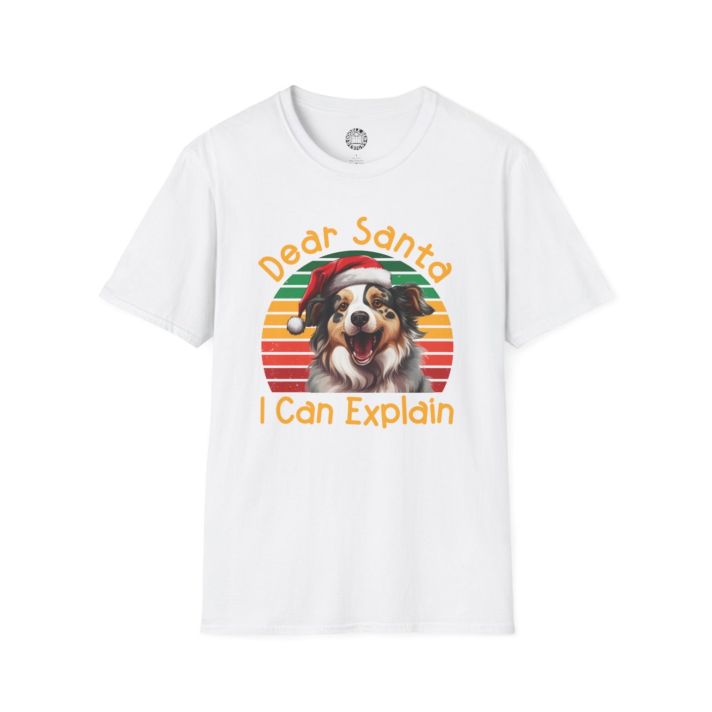 White t-shirt with a Australian Shepherd dog wearing a Santa hat and text 'Dear Santa I Can Explain' on a white background