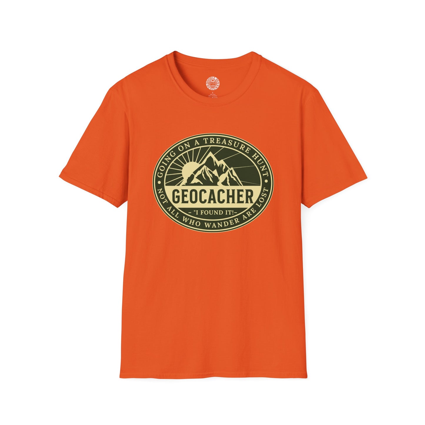 Orange t-shirt with a geocaching graphic on a white background