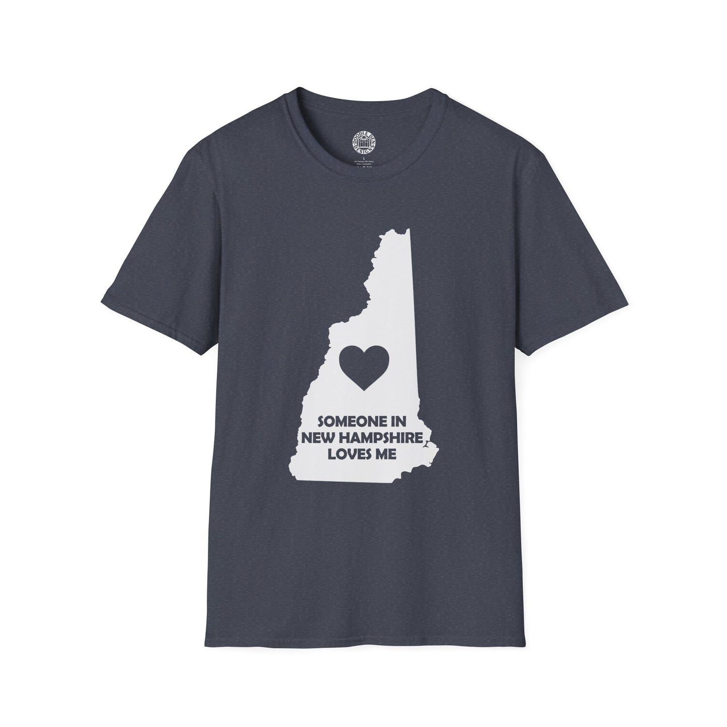 Gray t-shirt with New Hampshire map and heart design on a white background with text  Someone In New Hampshire Loves Me