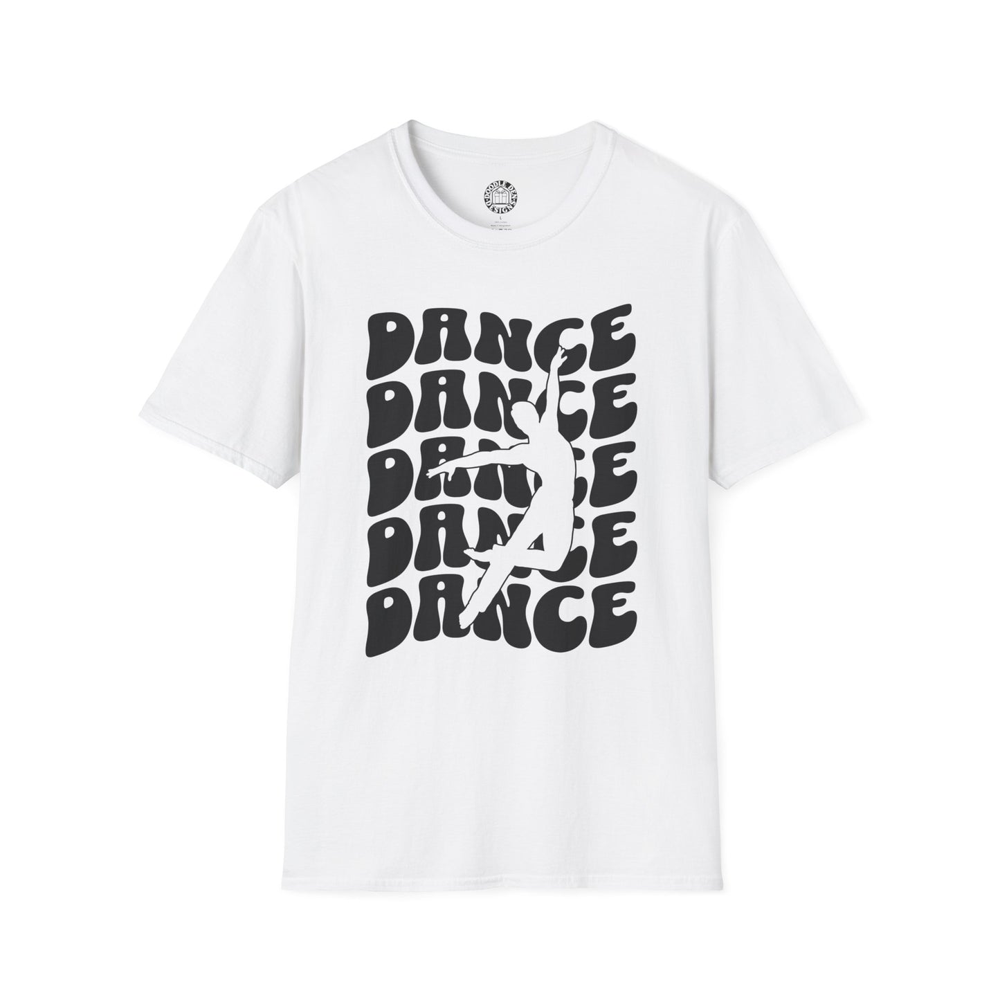 White t-shirt with 'DANCE' text design on a white background
