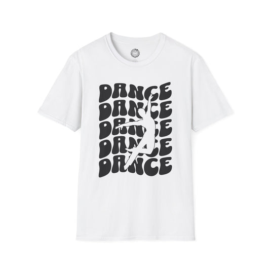 White t-shirt with 'DANCE' text design on a white background