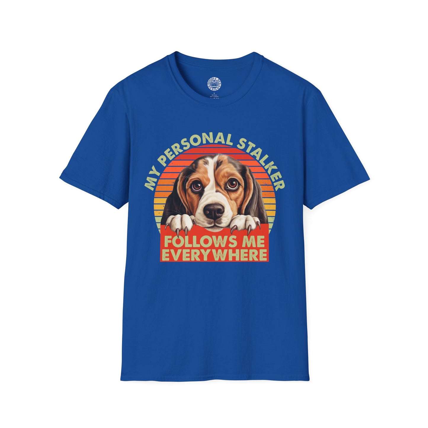 Blue t-shirt with a Beagle dog graphic and text on a white background