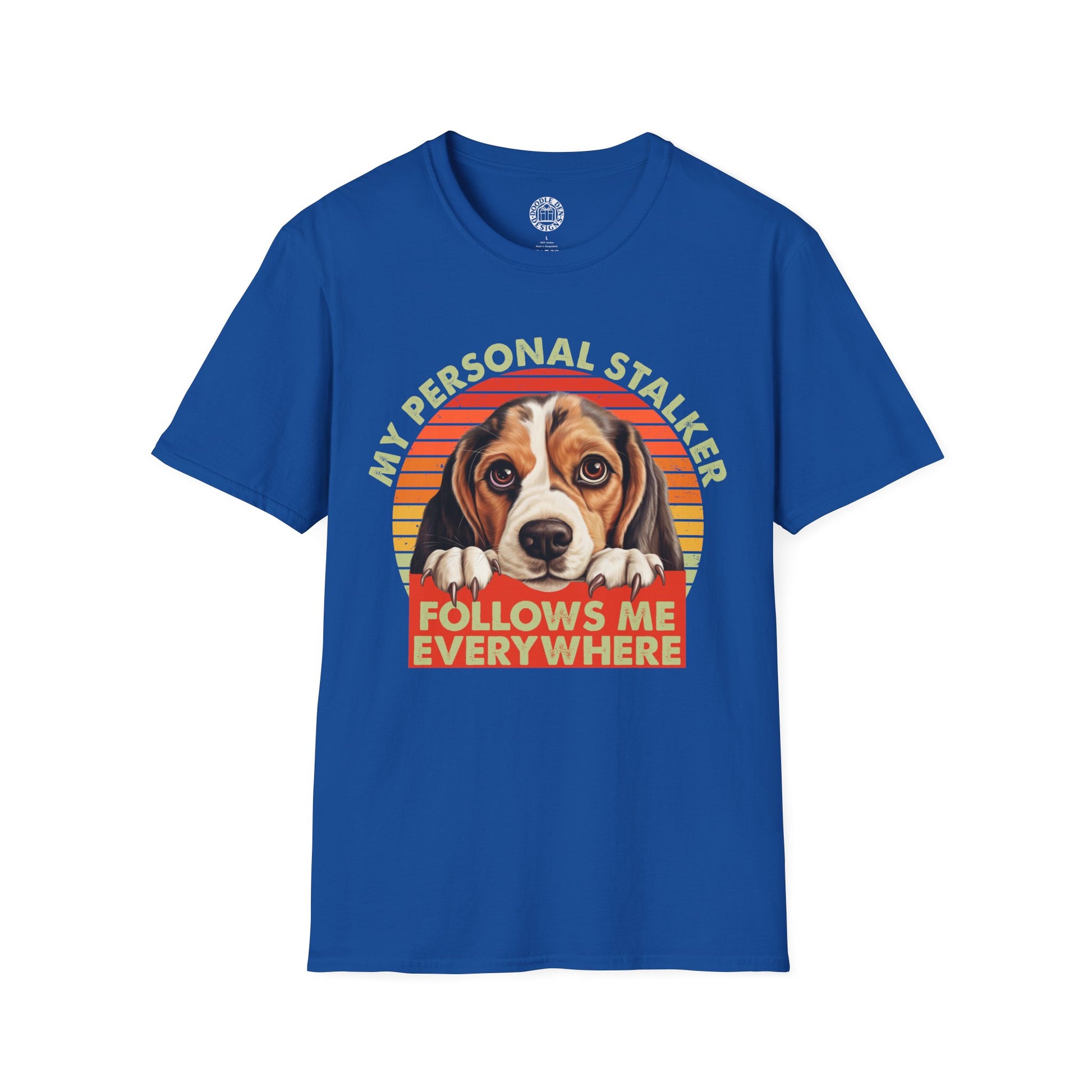Blue t-shirt with a Beagle dog graphic and text on a white background