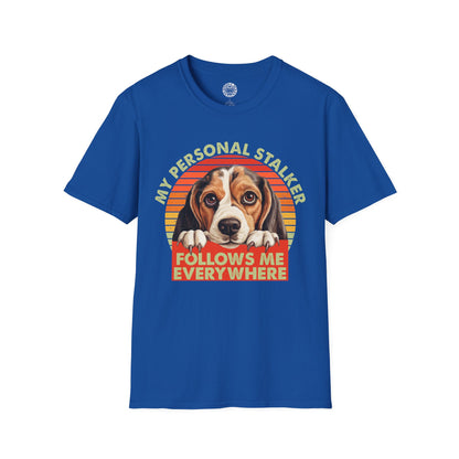 Blue t-shirt with a Beagle dog graphic and text on a white background