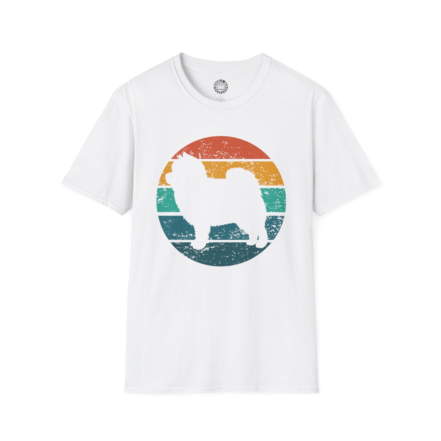 White t-shirt with a Pomeranian dog graphic and rainbow circle on a white background