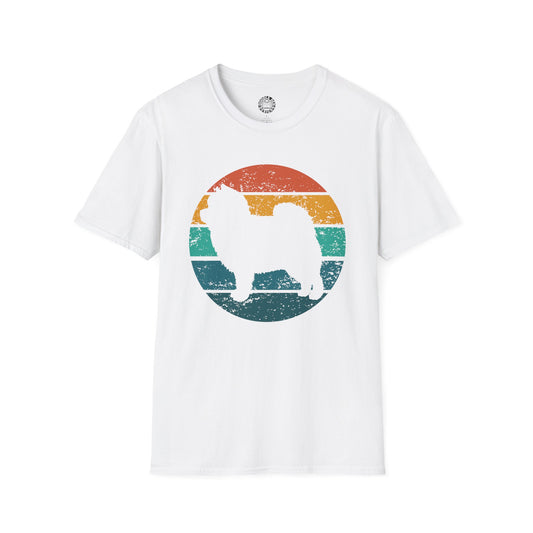 White t-shirt with a Pomeranian dog graphic and rainbow circle on a white background