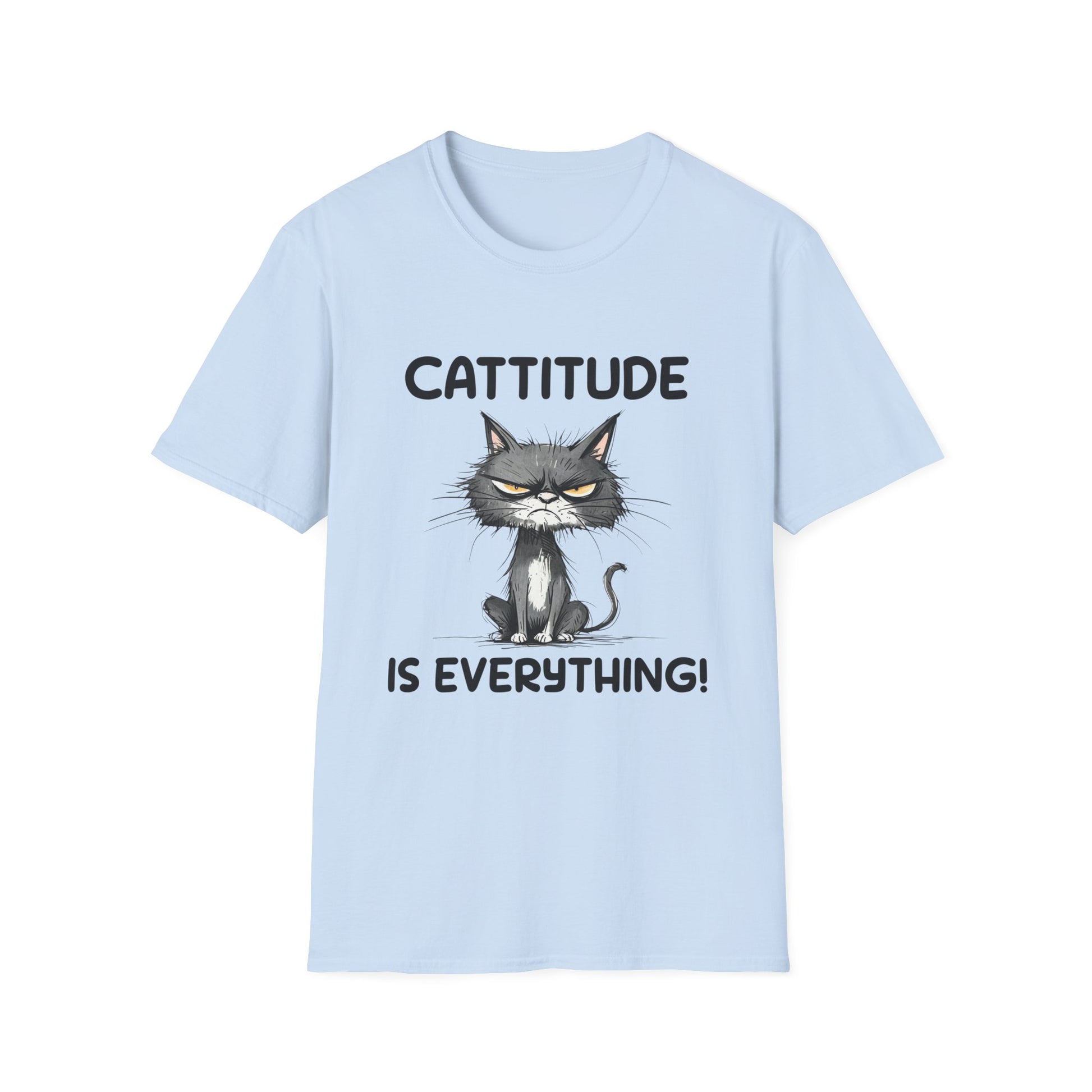 Light blue t-shirt with a cat graphic and text Cattitude Is Everything on a white background