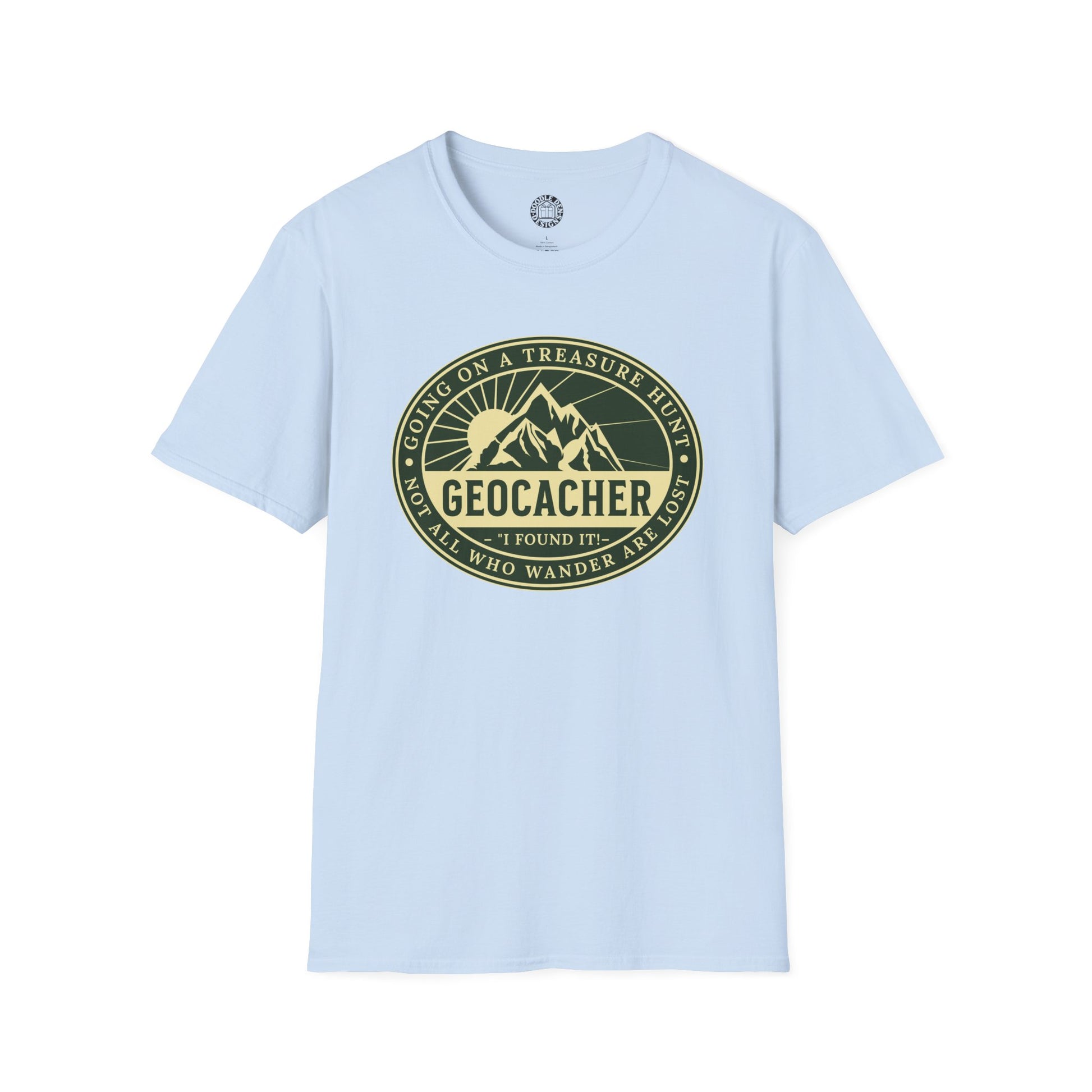 Light blue t-shirt with a geocaching graphic on a white background