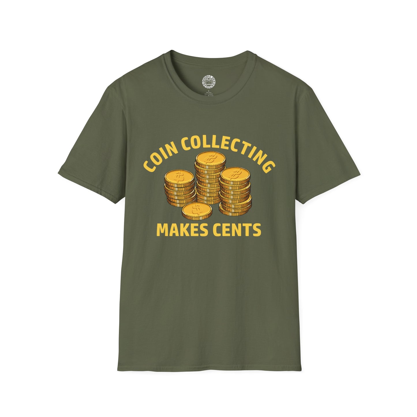 Green t-shirt with gold coins and text on a white background for Numismatist coin collector