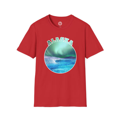 Red t-shirt with 'Alaska' graphic design on a white background northern lights aurora borealis