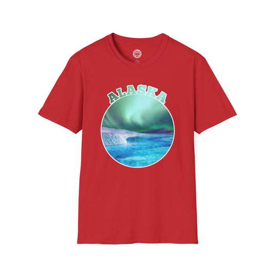 Red t-shirt with 'Alaska' graphic design on a white background northern lights aurora borealis