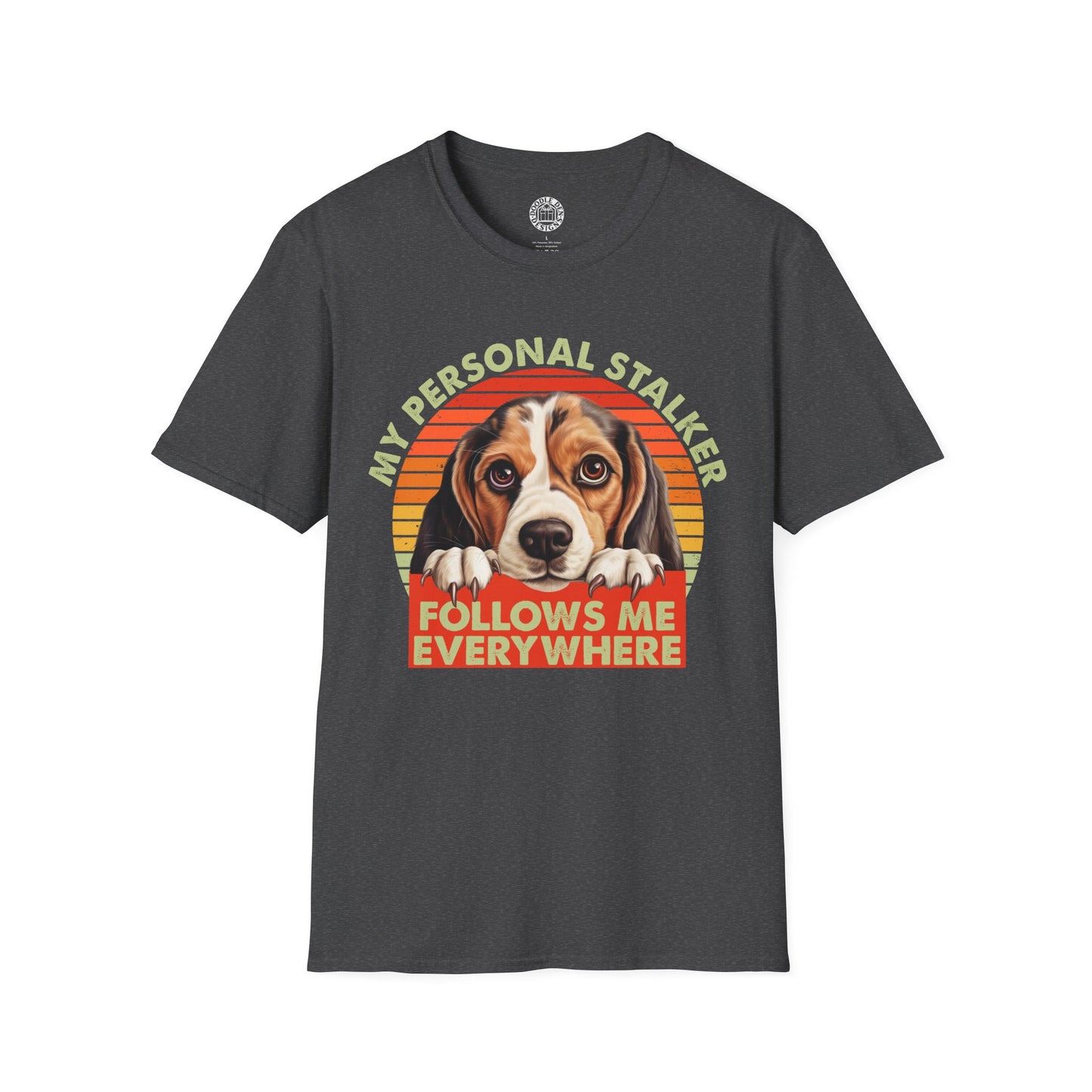 Dark gray t-shirt with a Beagle dog graphic and text on a white background