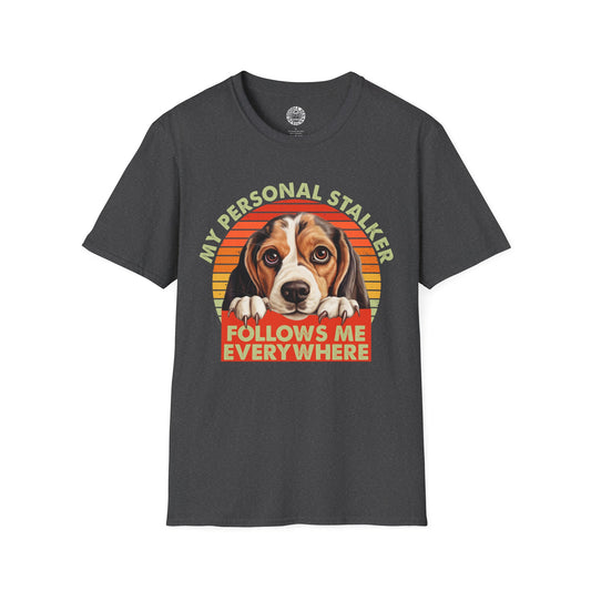 Dark gray t-shirt with a Beagle dog graphic and text on a white background