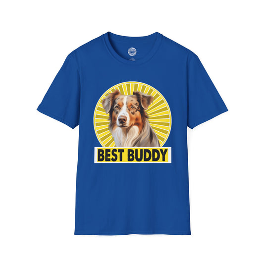 Blue t-shirt with a Australian Shepherd dog graphic and 'Best Buddy' text on a white background