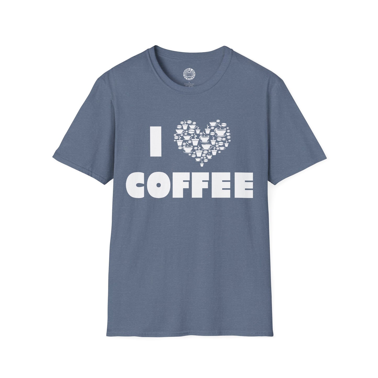 Blue t-shirt with 'I ❤️ COFFEE' design on a white background