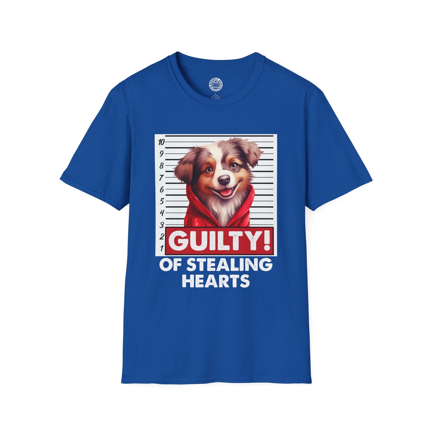 Blue t-shirt with a Australian Shepherd dog graphic and text on a white background