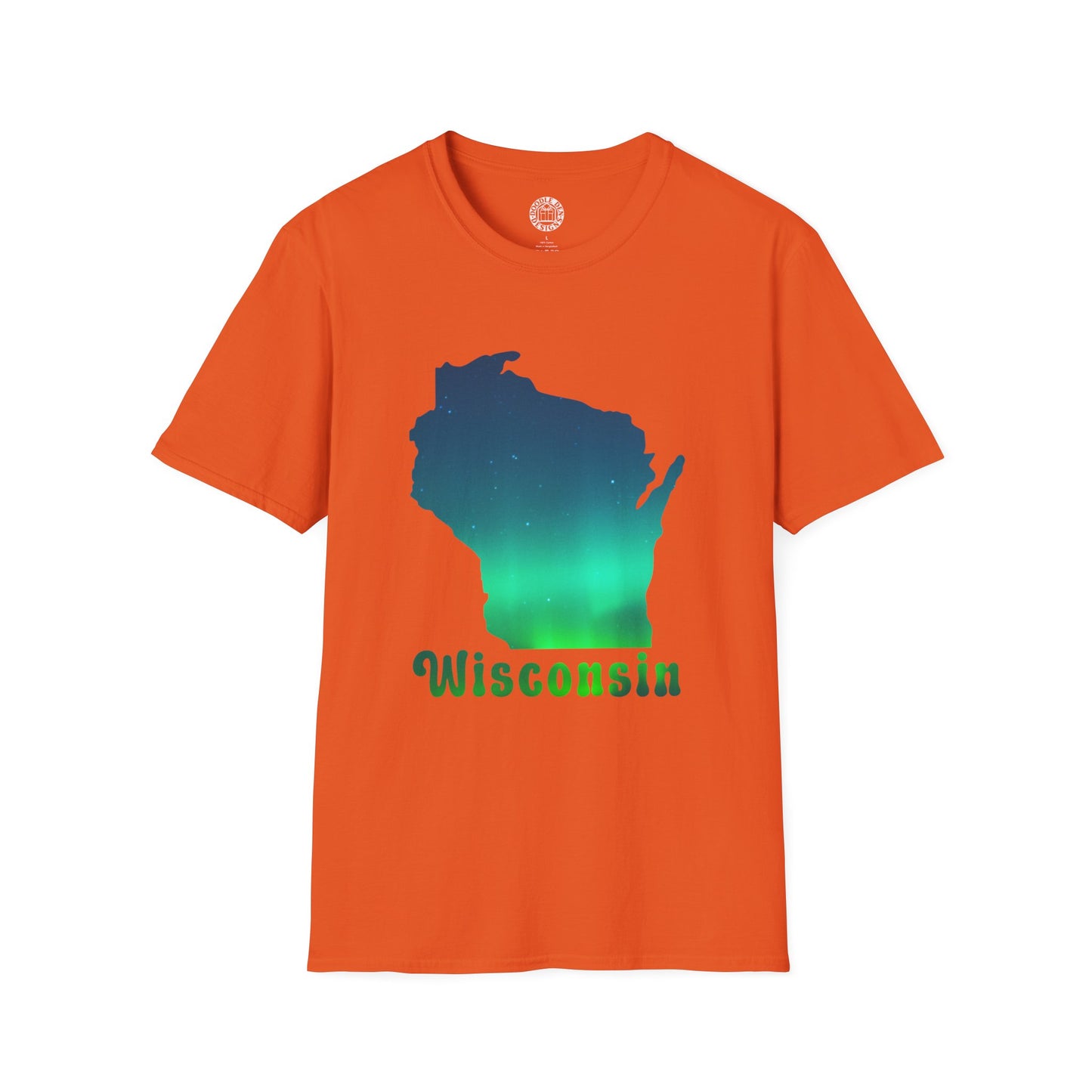 Orange t-shirt with a green and blue Wisconsin map graphic on a white background