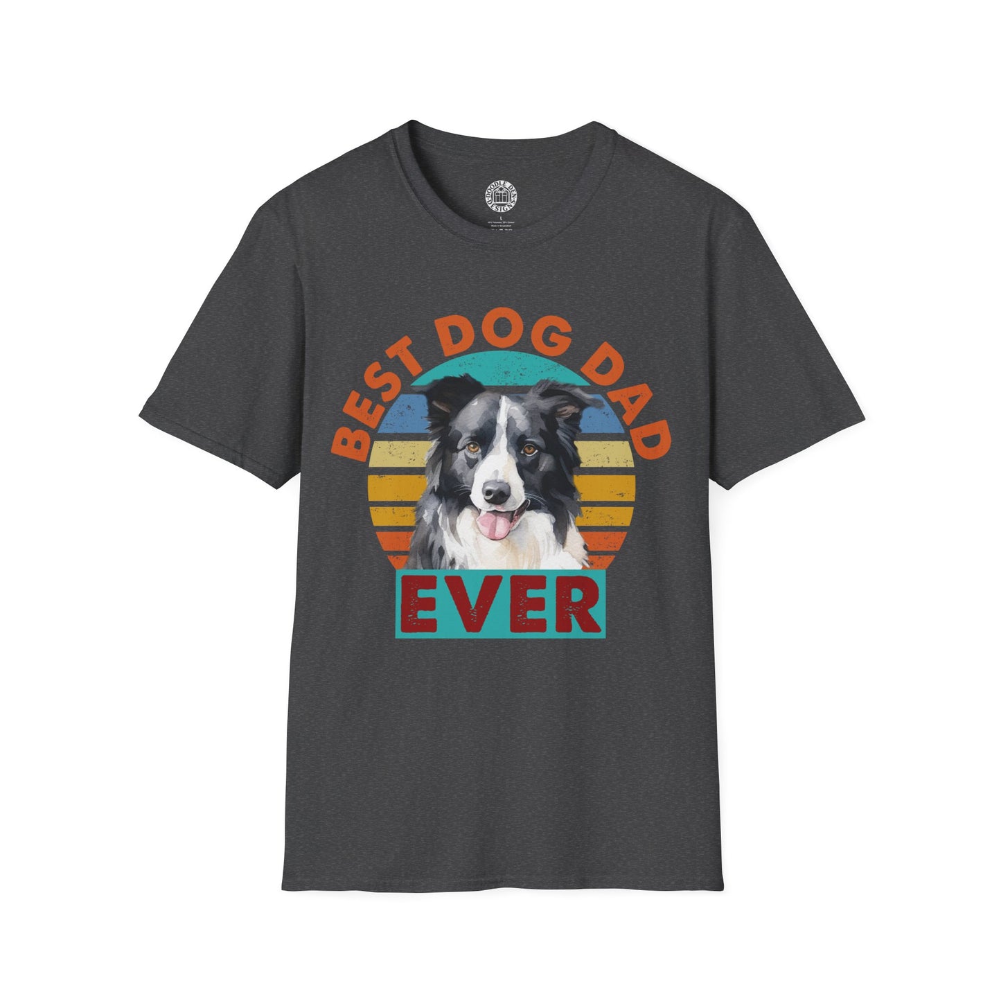Gray t-shirt with a border collie dog graphic and 'Best Dog Dad Ever' text on a white background
