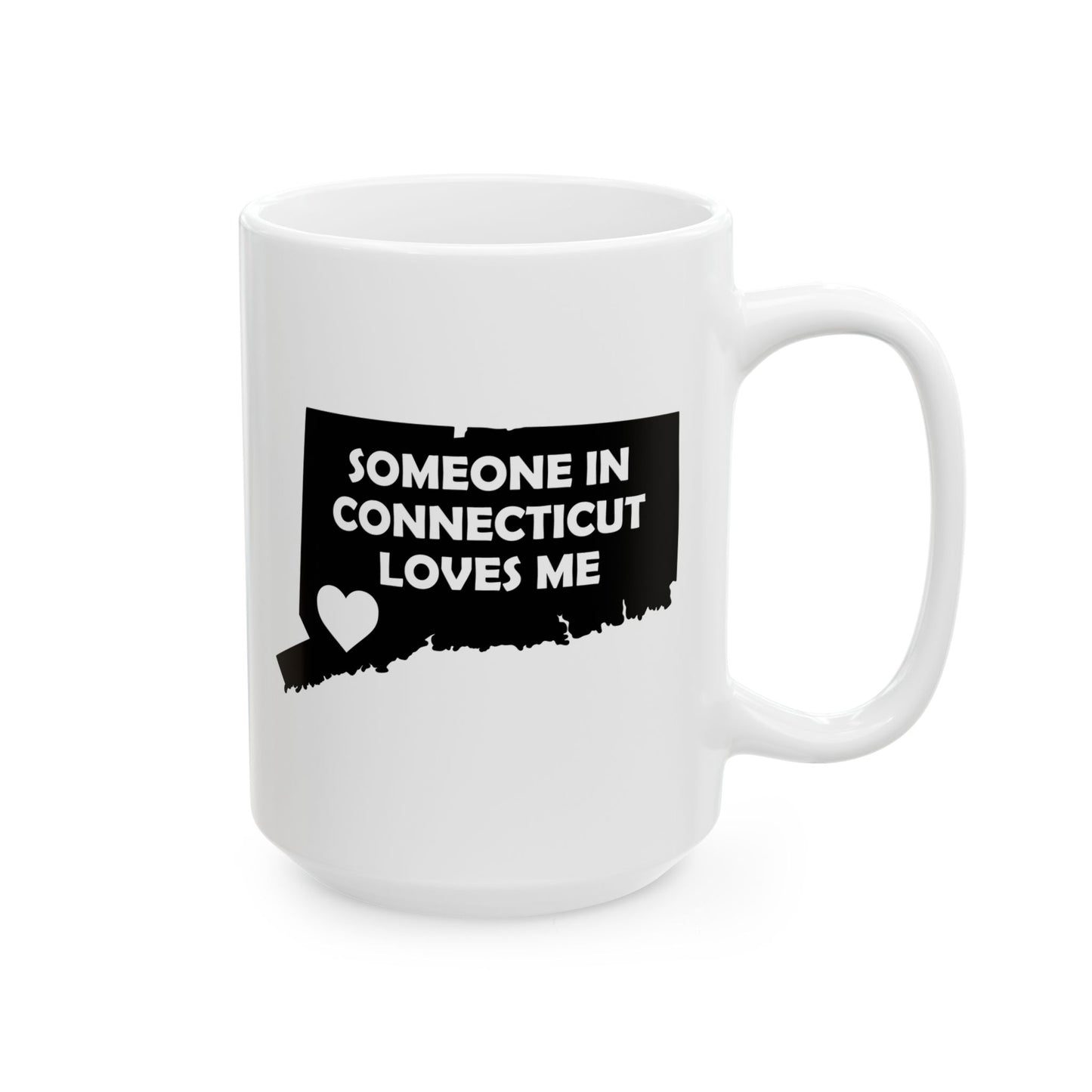 White mug with black design of Connecticut map and text 'Someone in Connecticut loves me' on a white background