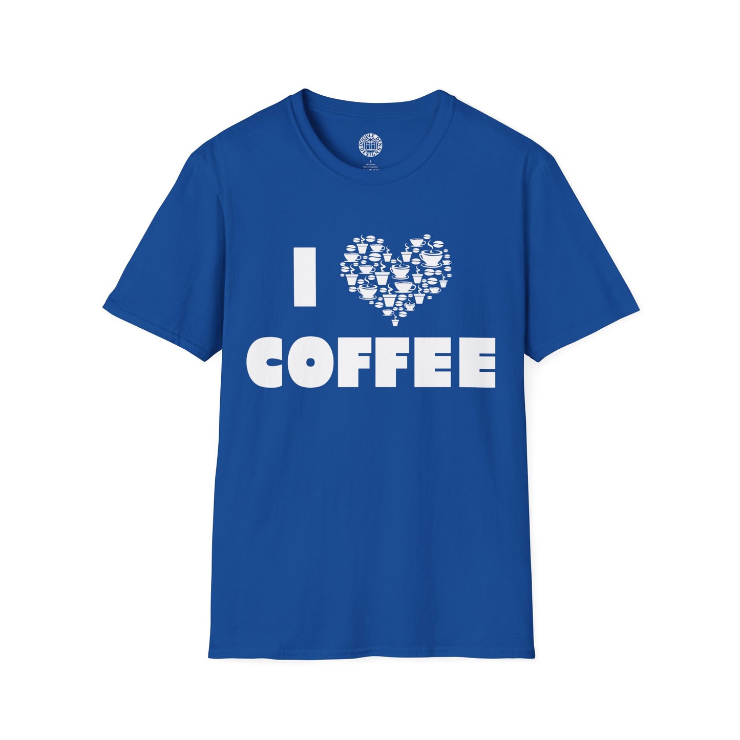Blue t-shirt with 'I ❤️ COFFEE' design on a white background