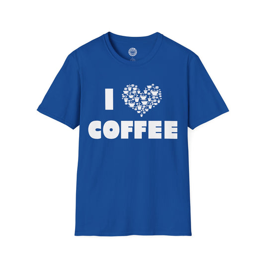 Blue t-shirt with 'I ❤️ COFFEE' design on a white background