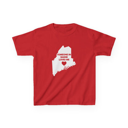 Red t-shirt with white graphic and text 'Someone in Maine loves me' on a white background