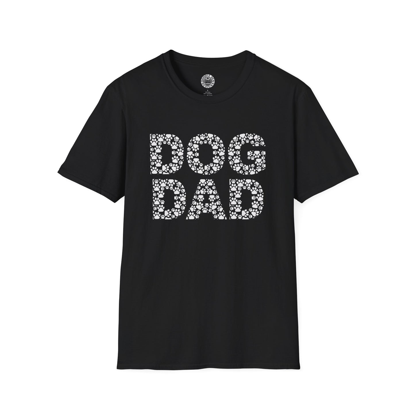 Black t-shirt with 'DOG DAD' text on a white background