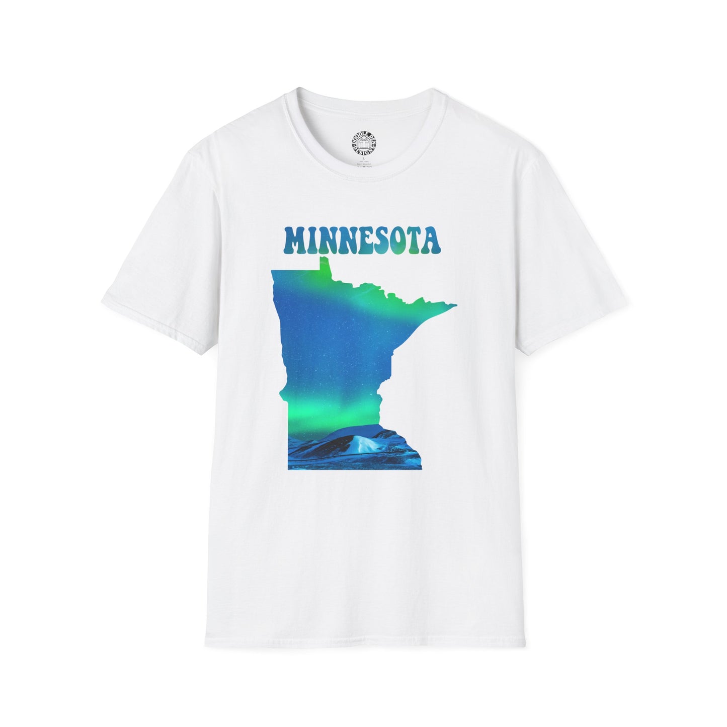 White t-shirt with Minnesota state outline graphic and 'MINNESOTA' text on a white background northern lights aurora borealis
