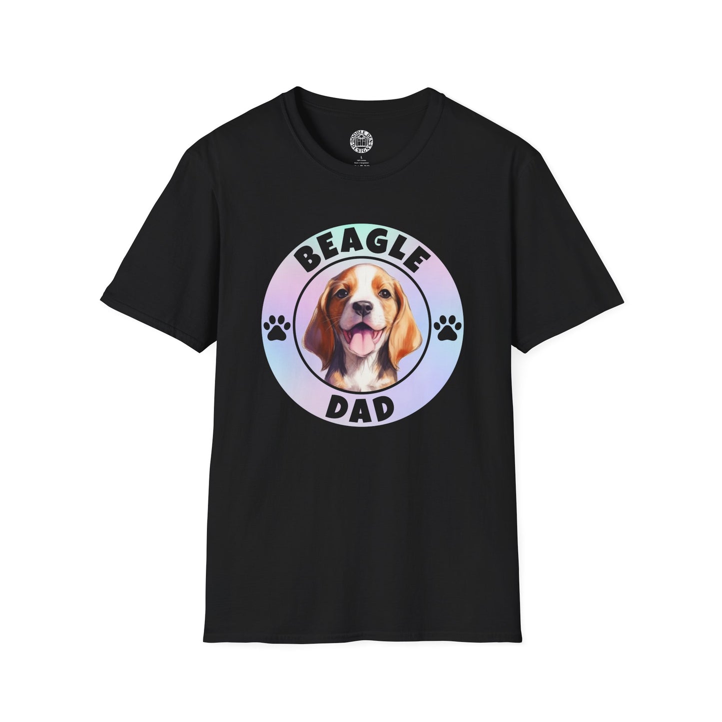 Black t-shirt with a beagle graphic and 'Beagle Dad' text on a white background