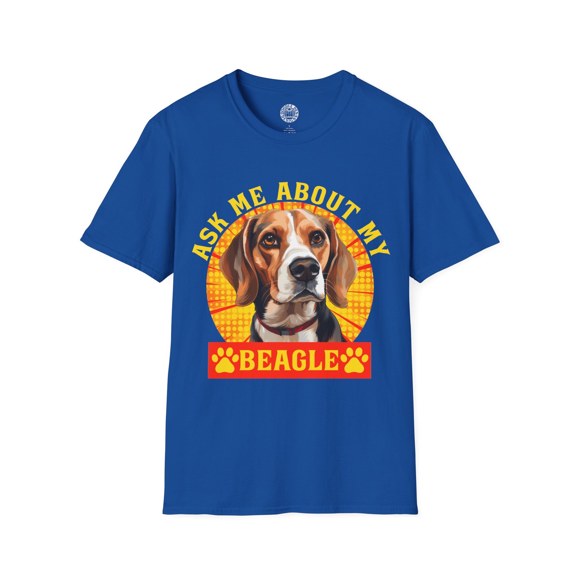 Blue t-shirt with a beagle graphic and text on a white background