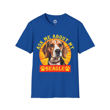 Blue t-shirt with a beagle graphic and text on a white background