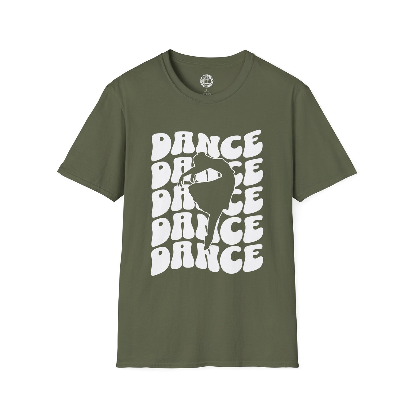 Green t-shirt with 'DANCE' text and silhouette graphic on a white background