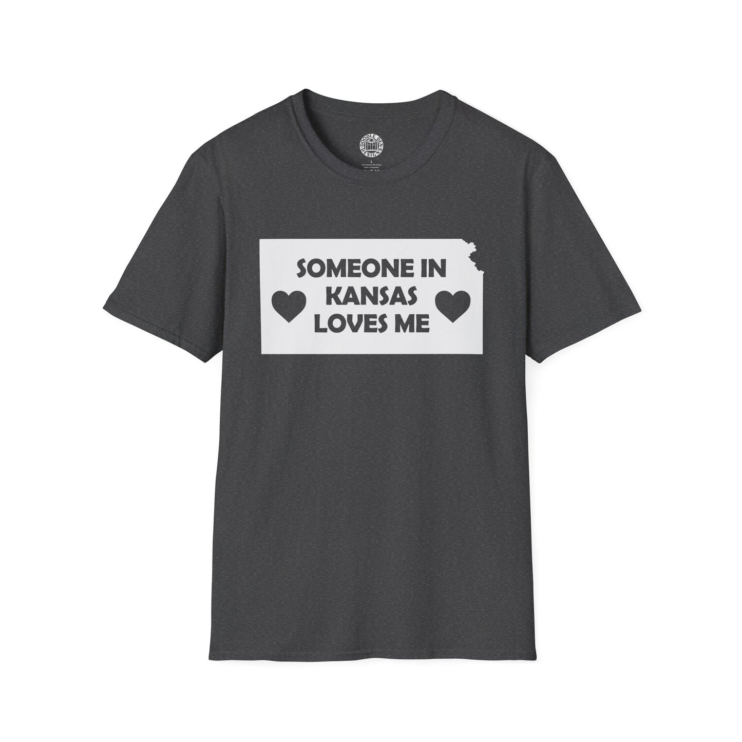 Gray t-shirt with 'Someone in Kansas loves me' text on a white background