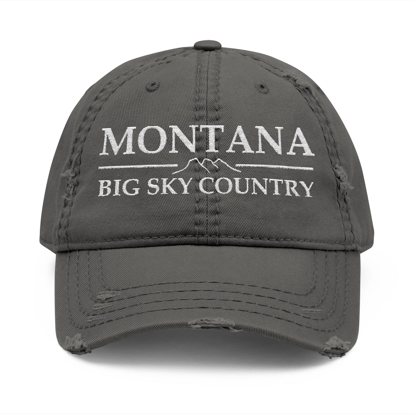 Gray cap with 'Montana Big Sky Country' text  embroidered in white thread