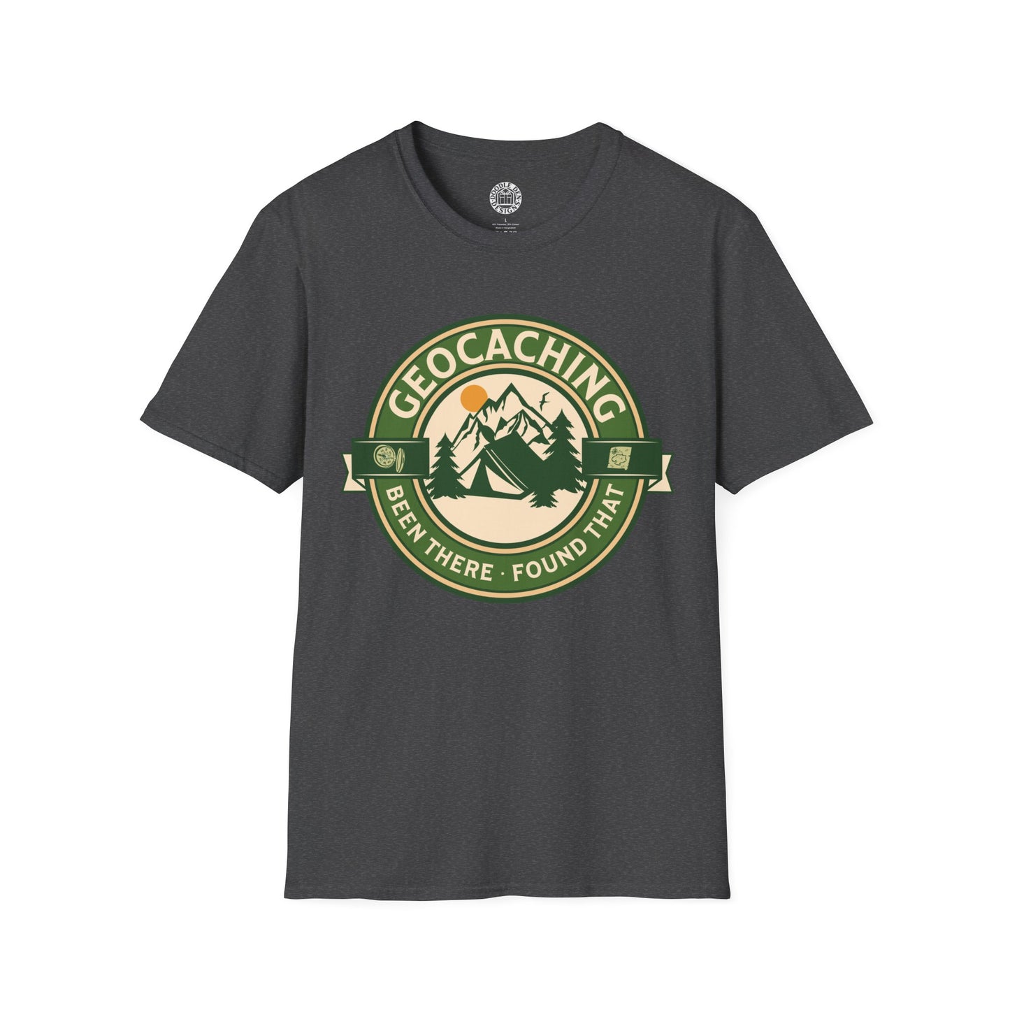 Gray t-shirt with geocaching graphic on a white background