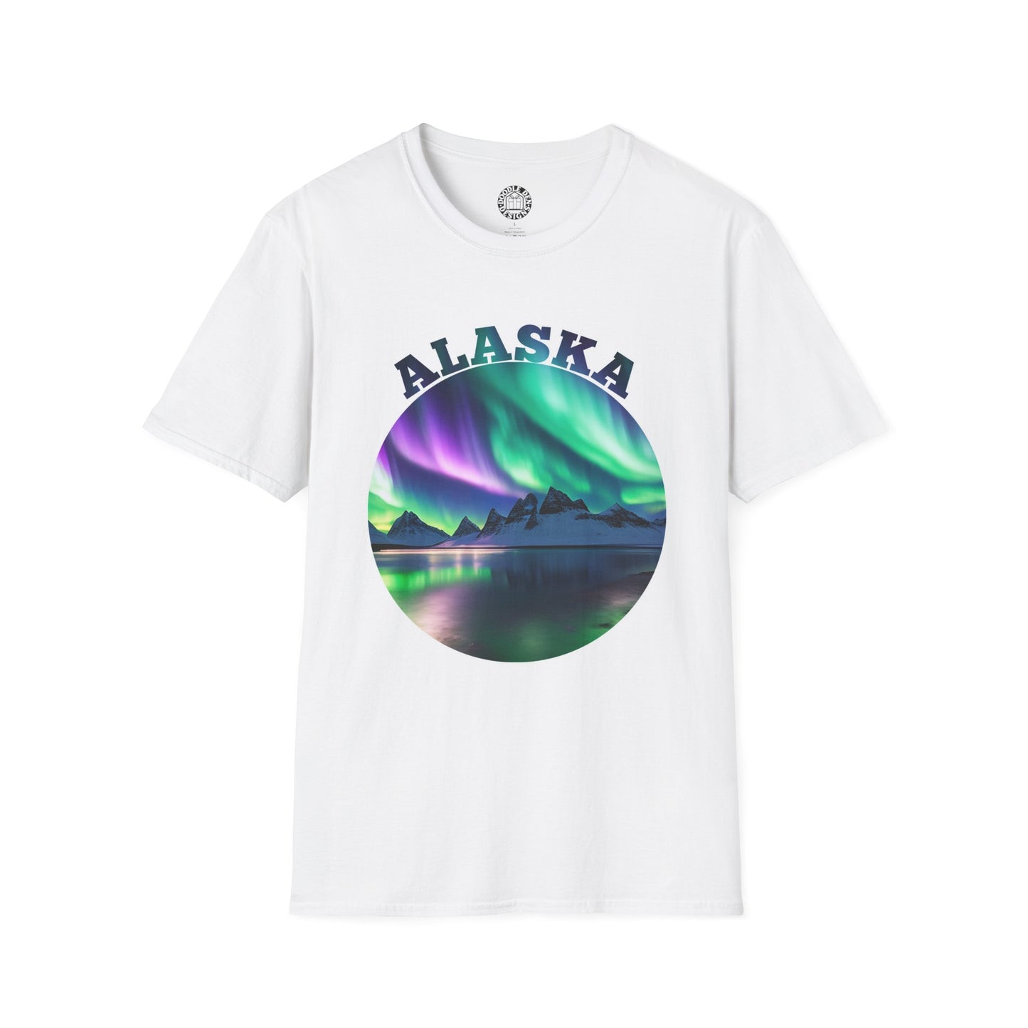White t-shirt with Alaska and Northern Lights design on a white background