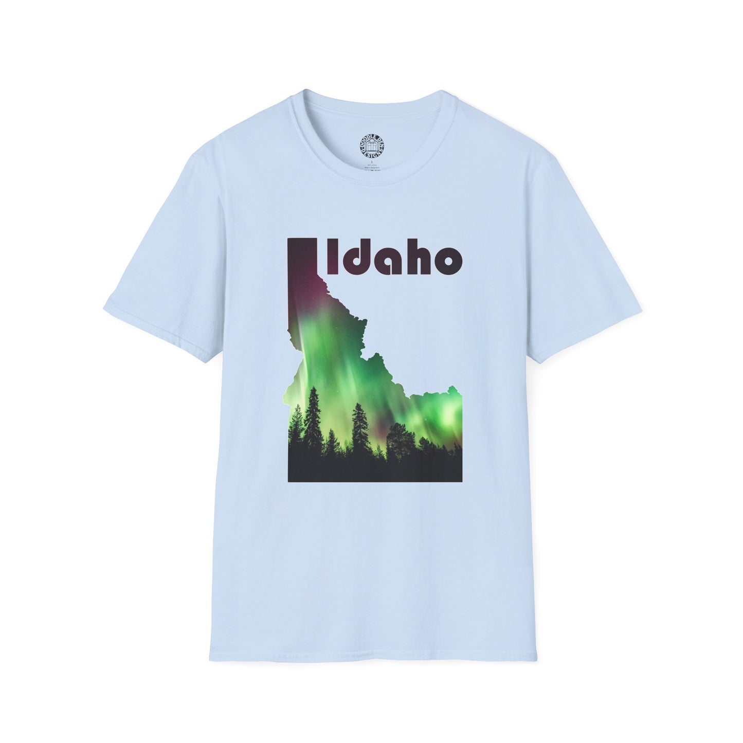 Light blue t-shirt with Idaho graphic design on a white background northern lights aurora borealis