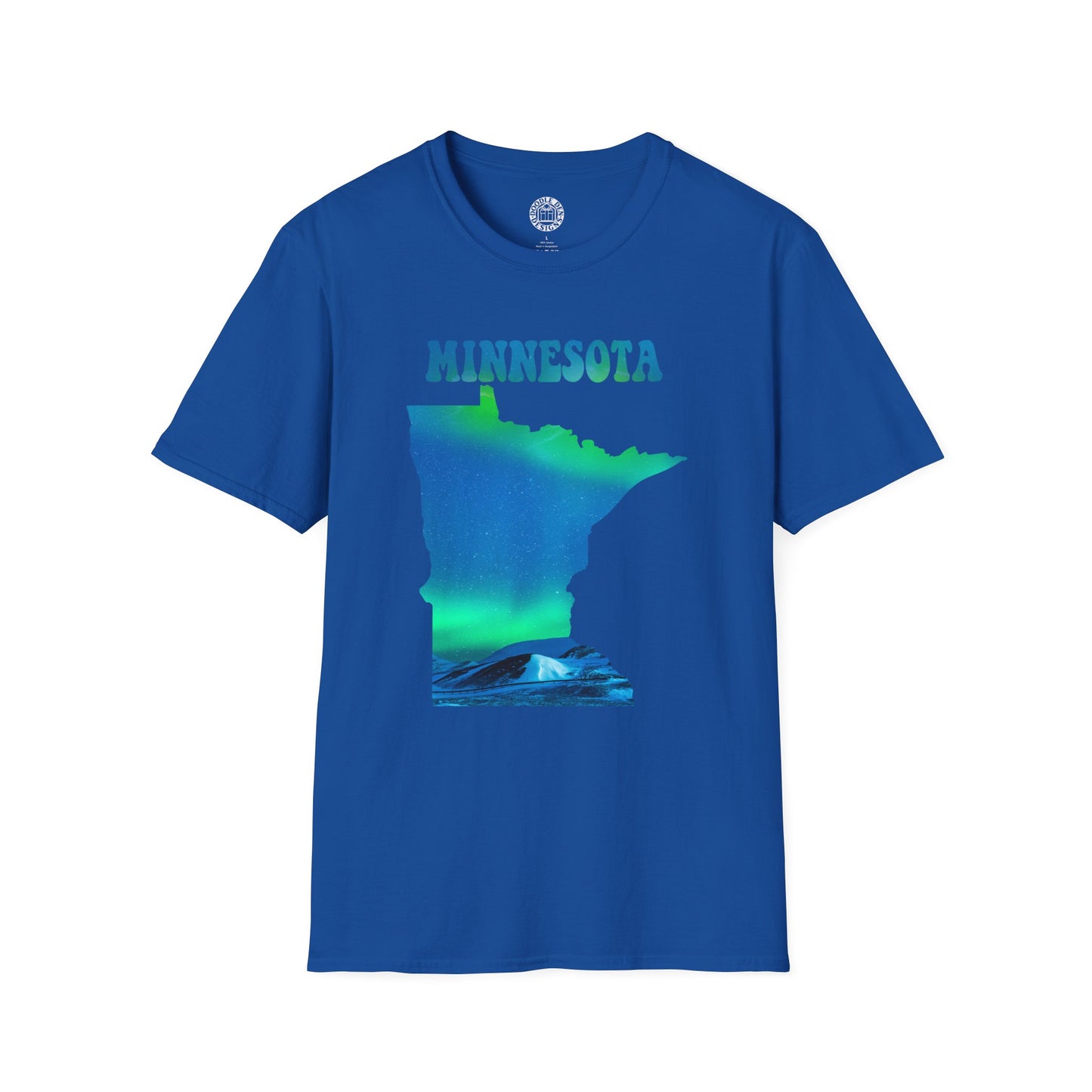 Blue t-shirt with Minnesota graphic design on a white background northern lights aurora borealis