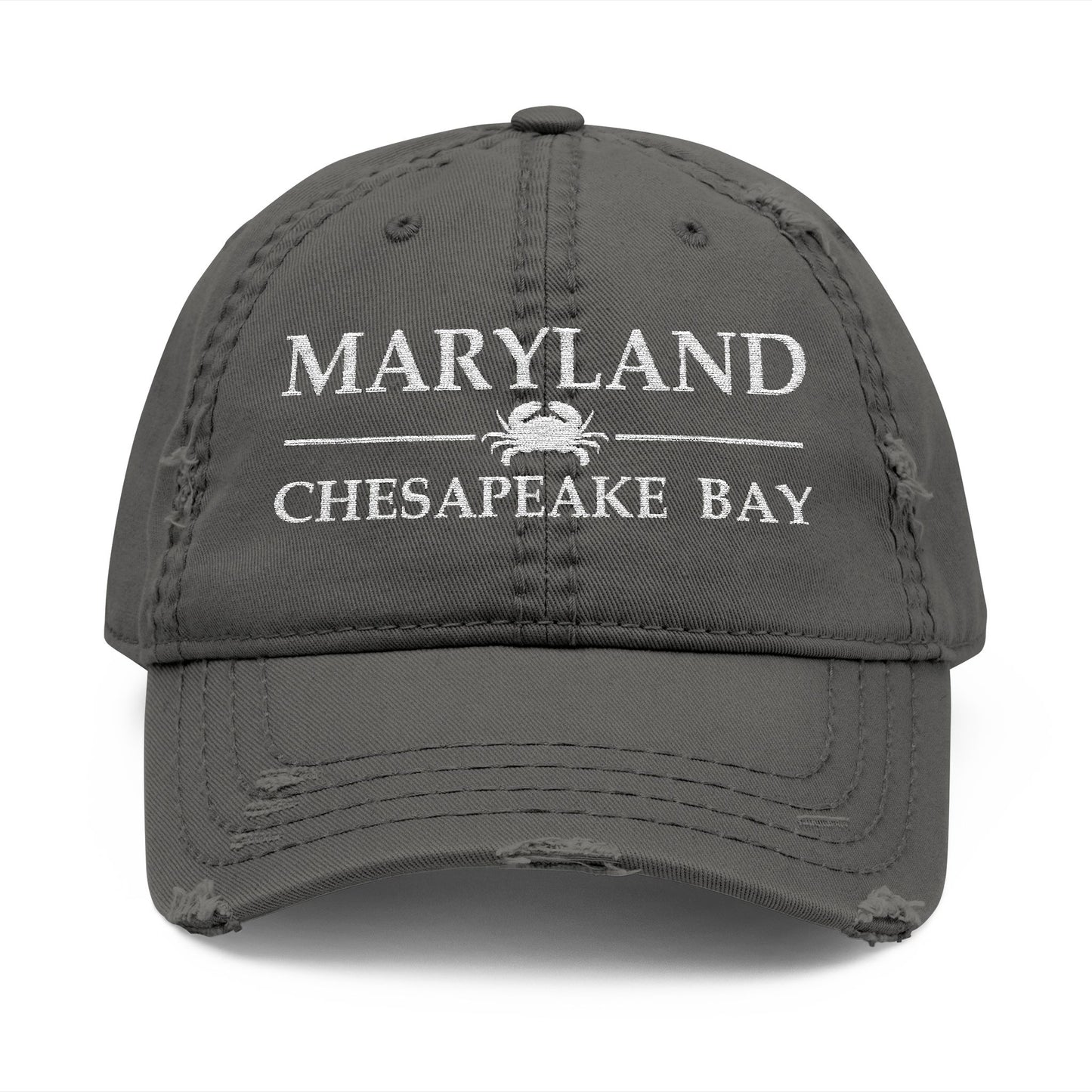 Gray cap with 'Maryland Chesapeake Bay' text and crab logo  embroidered in white thread
