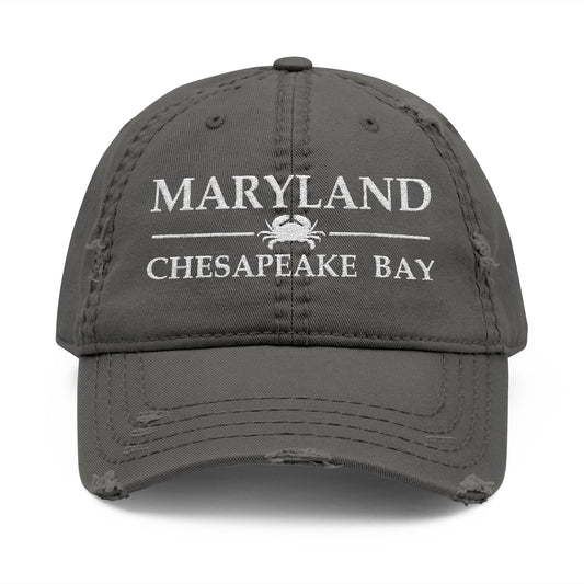 Gray cap with 'Maryland Chesapeake Bay' text and crab logo  embroidered in white thread