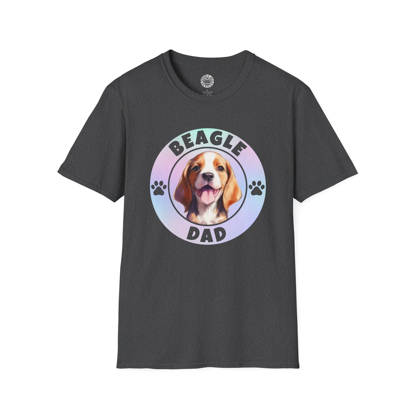 Black t-shirt with a beagle graphic and 'Beagle Dad' text on a white background