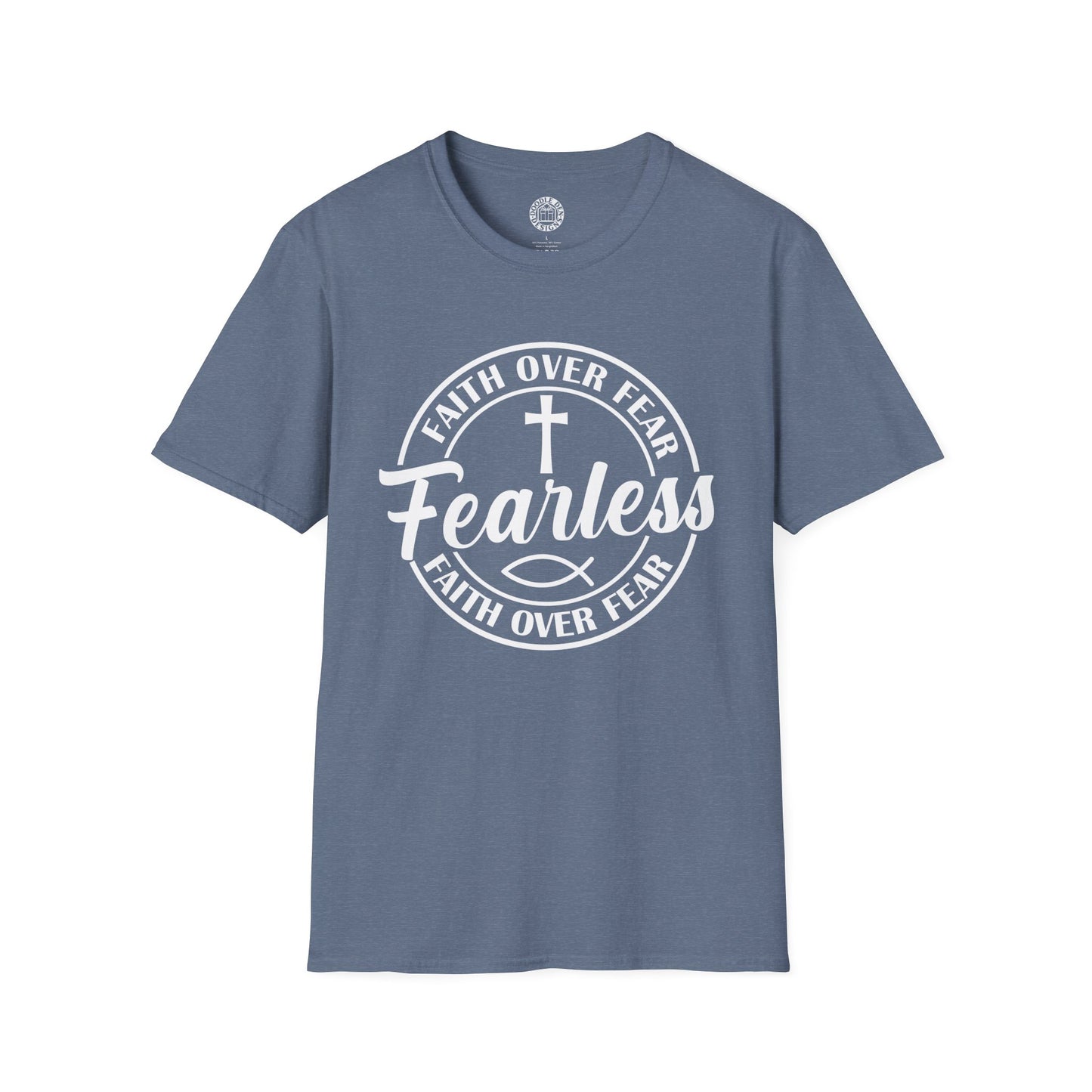 Heather blue t-shirt with the words Fearless Faith Over Fear with cross and fish symbol