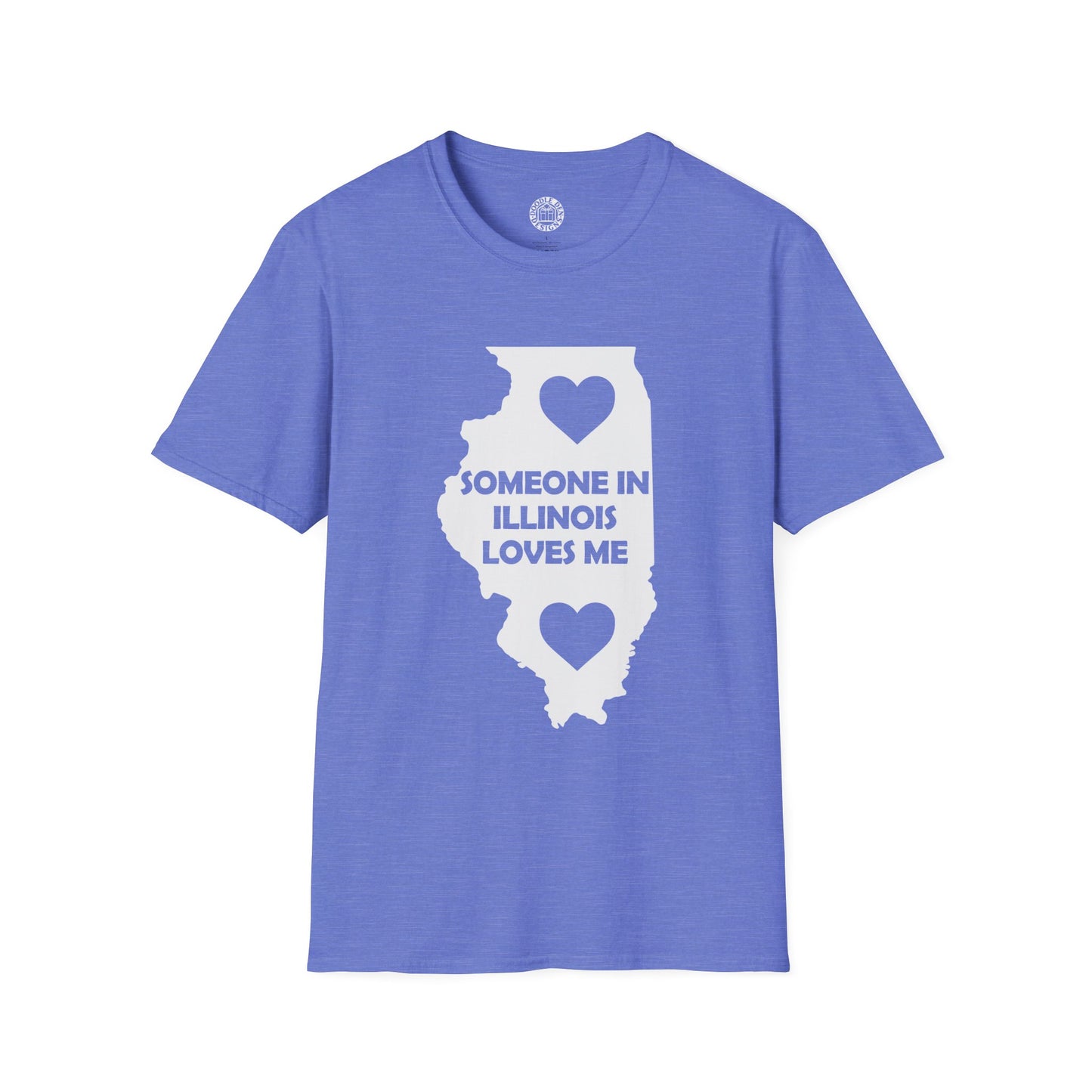 Blue t-shirt with white Illinois map and text on a white background