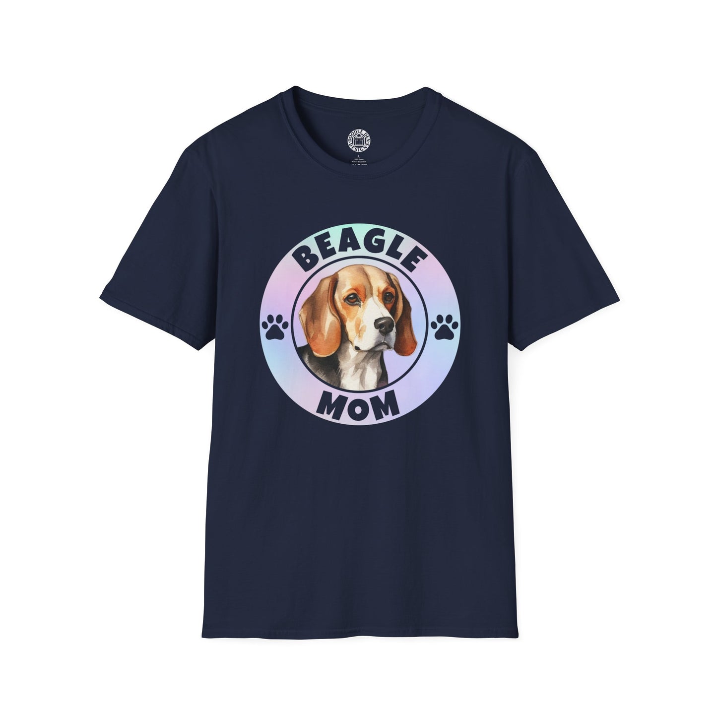 Navy blue t-shirt with a beagle graphic and 'Beagle Mom' text on a white background